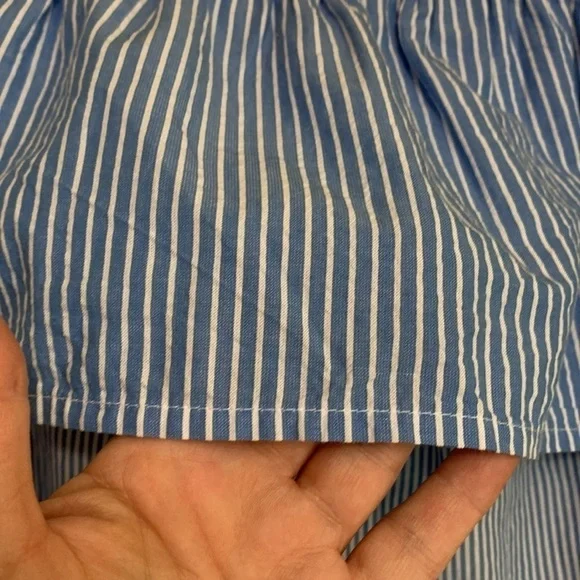 Lucky NWT Blue White Striped Ruffle Off Shoulder 100% Cotton Flounce Boxy Top S - Picture 10 of 12